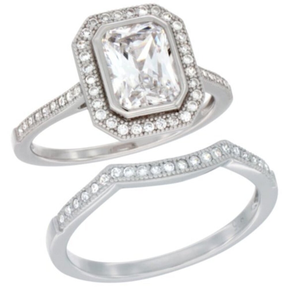 Ladies Sterling Silver Octagon cut Halo 2-Piece Engagement Micro Pave CZ Ring